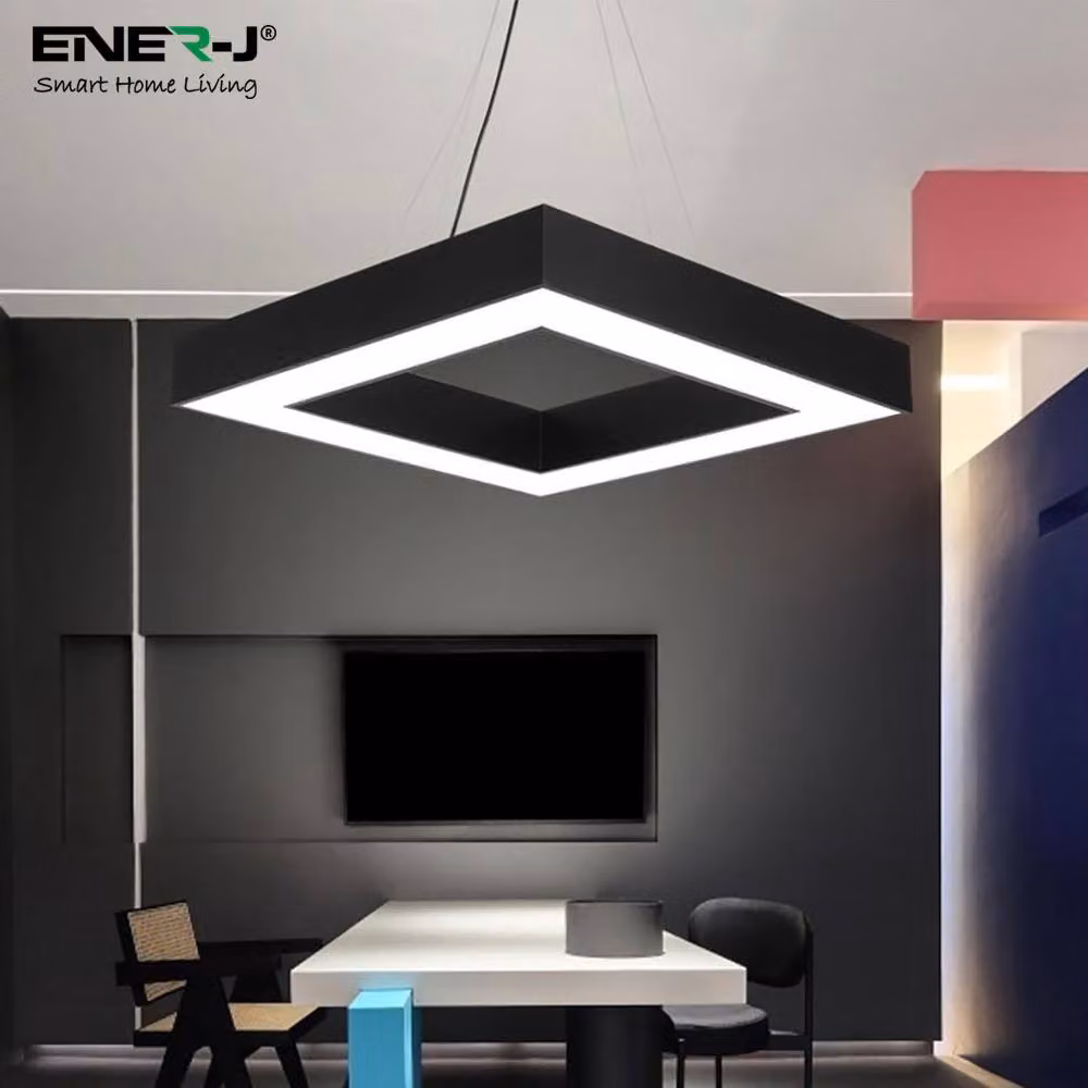ENER-J Modern Square Hollow LED Pendant Light, Black, 40W, 6500K Cool White, 80cm – 2