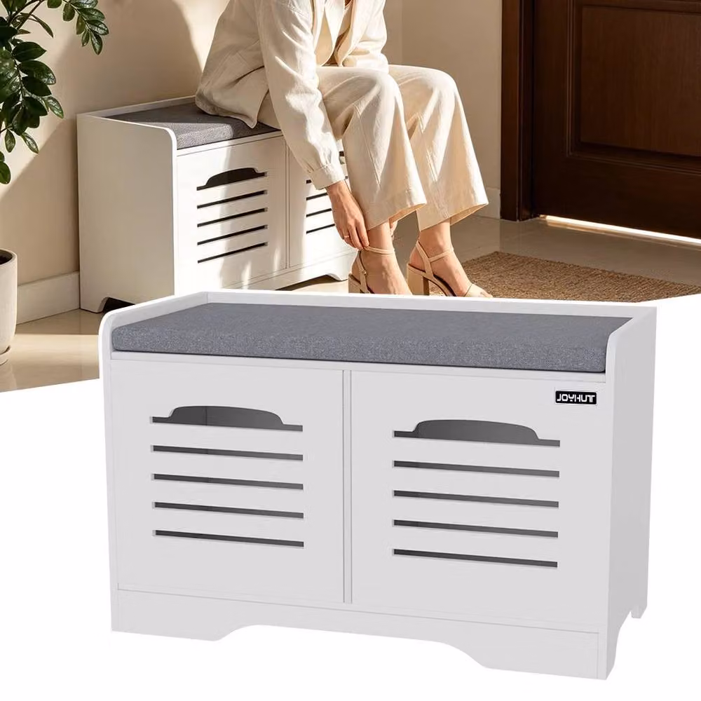 EONLION White Wooden Shoe Storage Cabinet with Integrated Seat and Tilting Compartments, Width: 100 cm, Height: 32 cm, Depth: 32 cm – 3