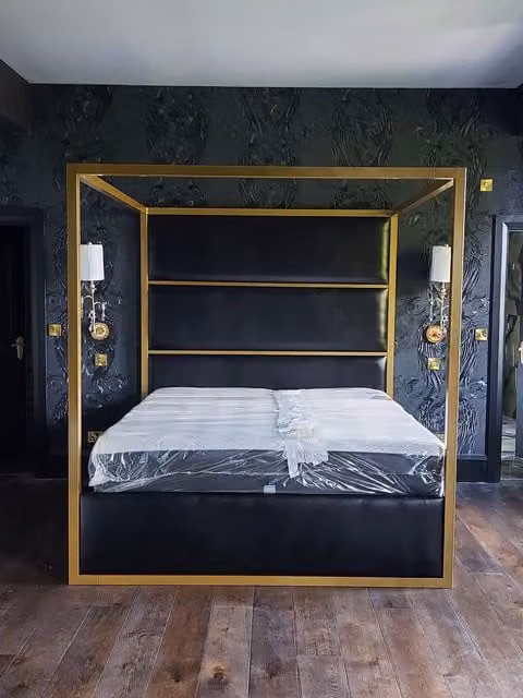 HOB Furniture Regent 4 Poster Canopy Bed in Black Faux Leather, Double Size 140 x 200 cm