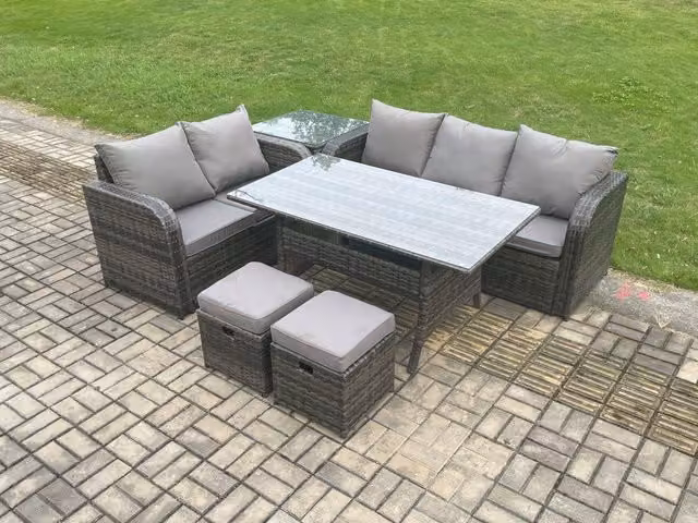 Fimous Dark Grey Wicker Rattan Outdoor Garden Patio Furniture Set with Rectangular Dining Table, Lounge Sofa, Side Table and 2 Footstools