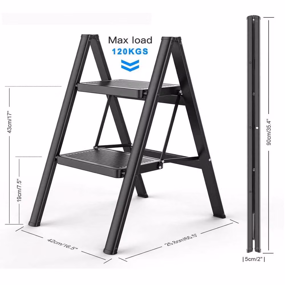 VOGREX 2-Step Folding Step Ladder in Black Carbon Steel – 2