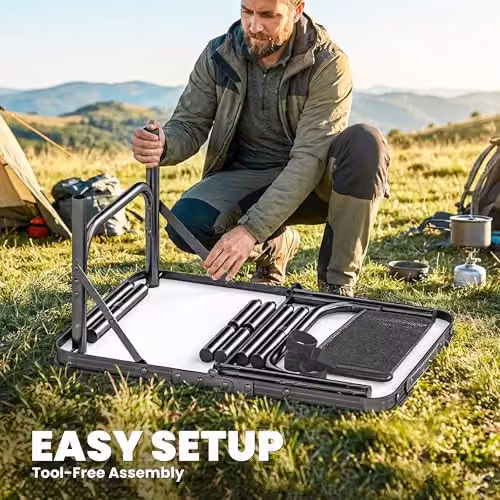 Outsunny Height Adjustable Folding Camping Table with Mesh Storage Layer in Black and Brown, W/D/H: 60 x 60 x 40 cm – 8