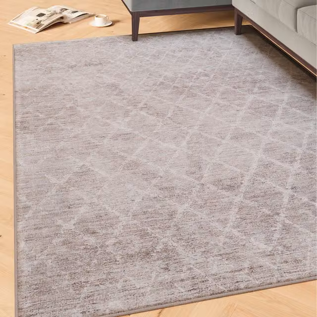 The Rug House Geometric Washable Modern Rectangular Area Rug in Grey and Beige, W: 200 cm, L: 290 cm
