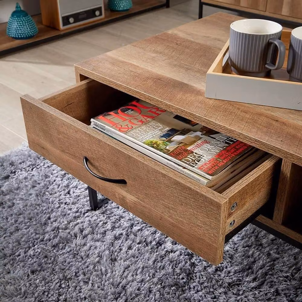 FORGEVIO Industrial Coffee Table with Storage Organiser in Brown Oak Effect and Black Metal – 3