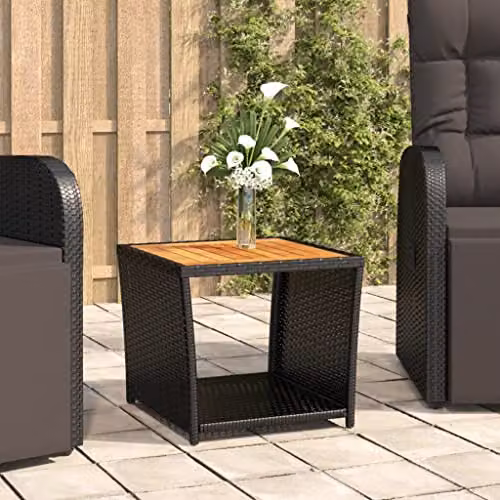 vidaXL Modern Square Tea Table with Black Poly Rattan and Acacia Wood Top – 2