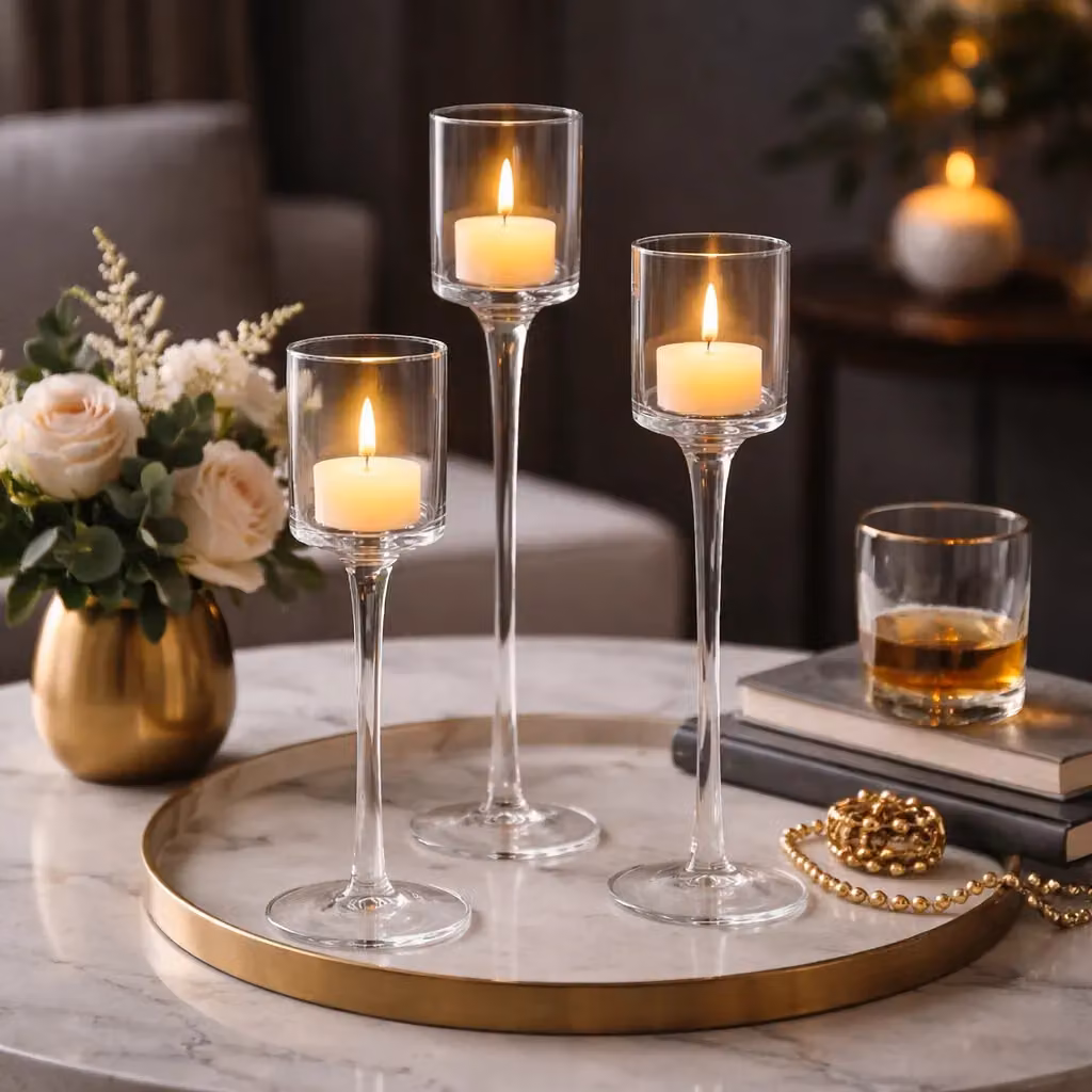 Marco Paul Set of 3 Tall Round Glass Tealight and Pillar Candle Holders in Transparent – 4