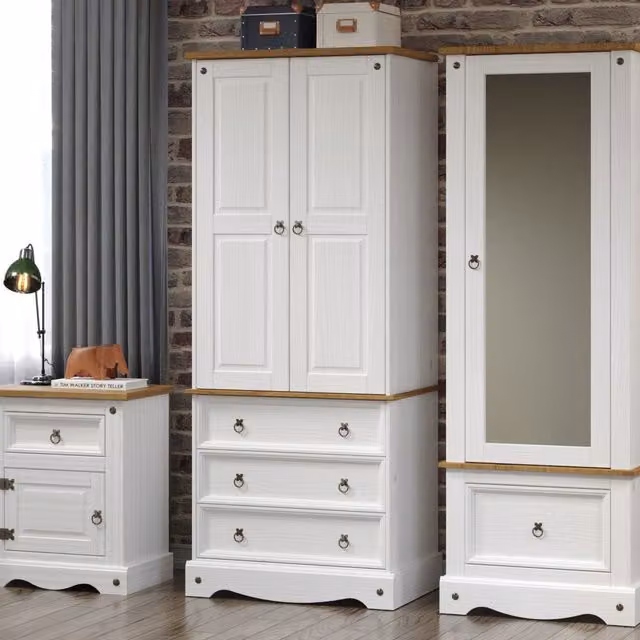 Core Corona White and Pine 2 Door Wardrobe with 3 Drawers and Mirror