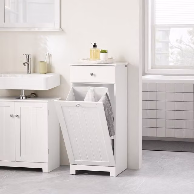 SoBuy Modern White Lacquered Laundry Cabinet with Internal Drawers and Bathroom Storage