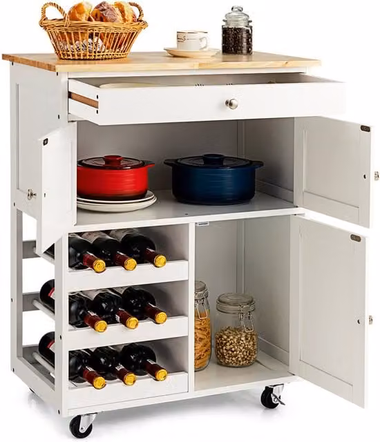 COSTWAY Modern Rolling Kitchen Storage Trolley Cart Cupboard Island in White