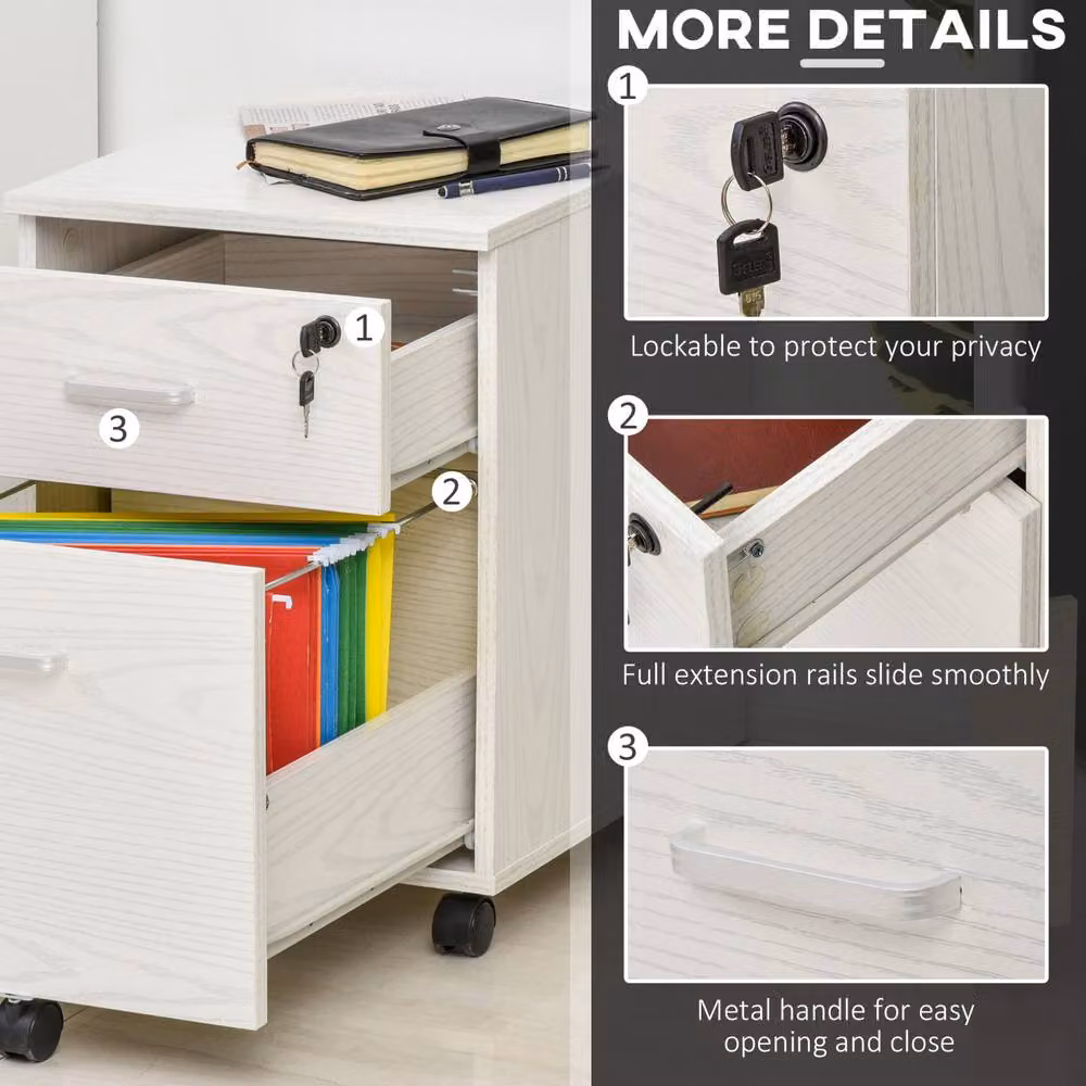 STILVORA 2-Drawer Filing Cabinet with Lock and Castors in White – 4