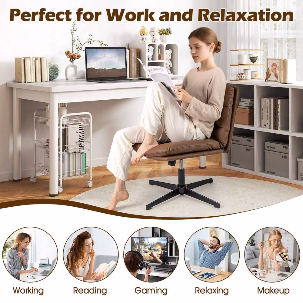 Gymax Height Adjustable Mid-Back Cross Legged Makeup Vanity Chair in Brown – 8