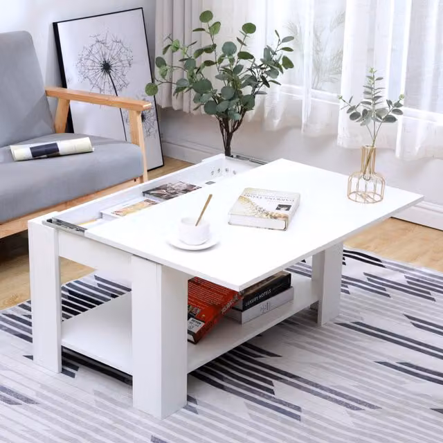 HMD White Modern Sliding Coffee Table with Bottom Shelf, W/D/H: 100 x 50 x 45 cm