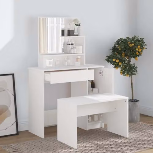 vidaXL White Modern Dressing Table Set in Matt Wood and Plastic – 2
