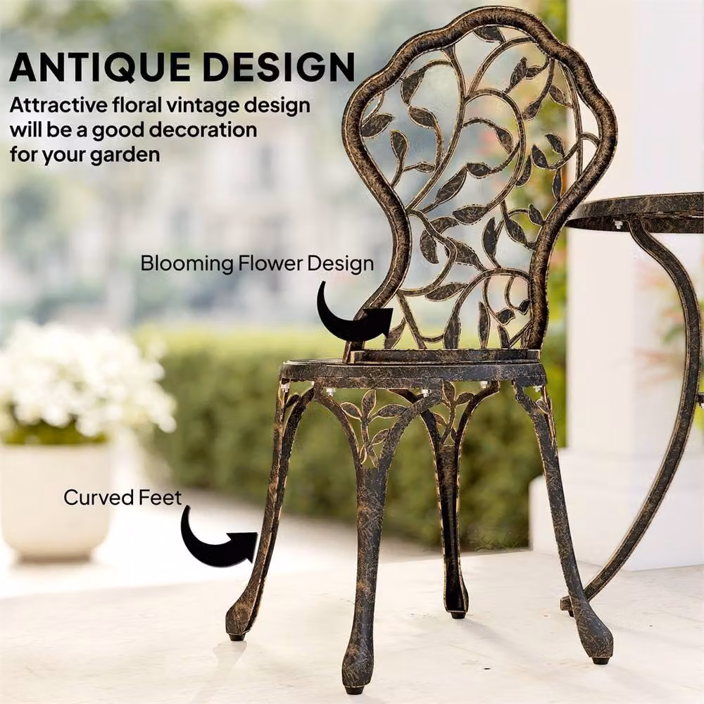 EONLION Brown Metal Garden Bistro Set with Floral Coffee Table and Chairs – 2