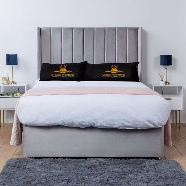 UK Bed Furniture Bella Wingback Divan Bed Base with 54 Inch Headboard in Silver, Super King, W/D/H: 200 x 137.16 x 173.18 cm