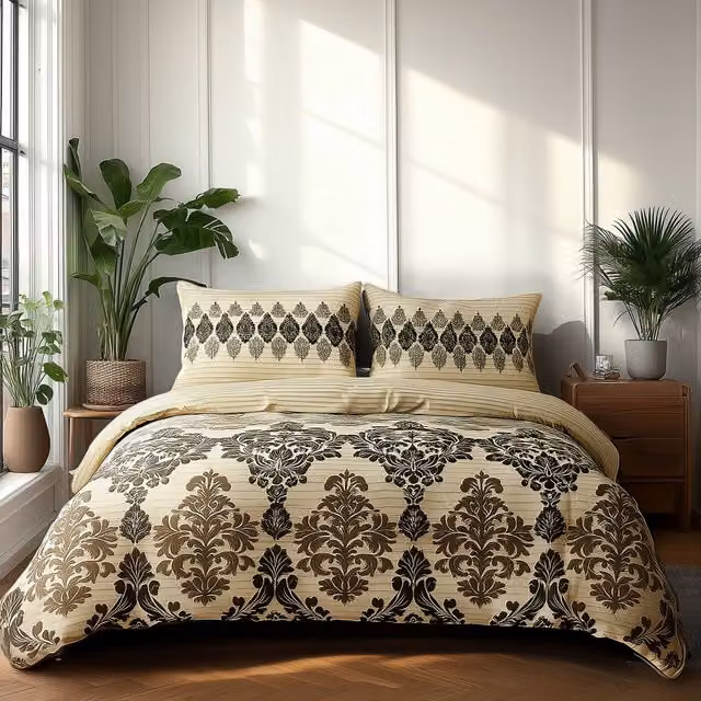 Home Sweet Home UK King Size Polycotton Duvet Cover and Pillowcase Set with Floral Stripe Design in Beige, W: 240 cm, D: 220 cm