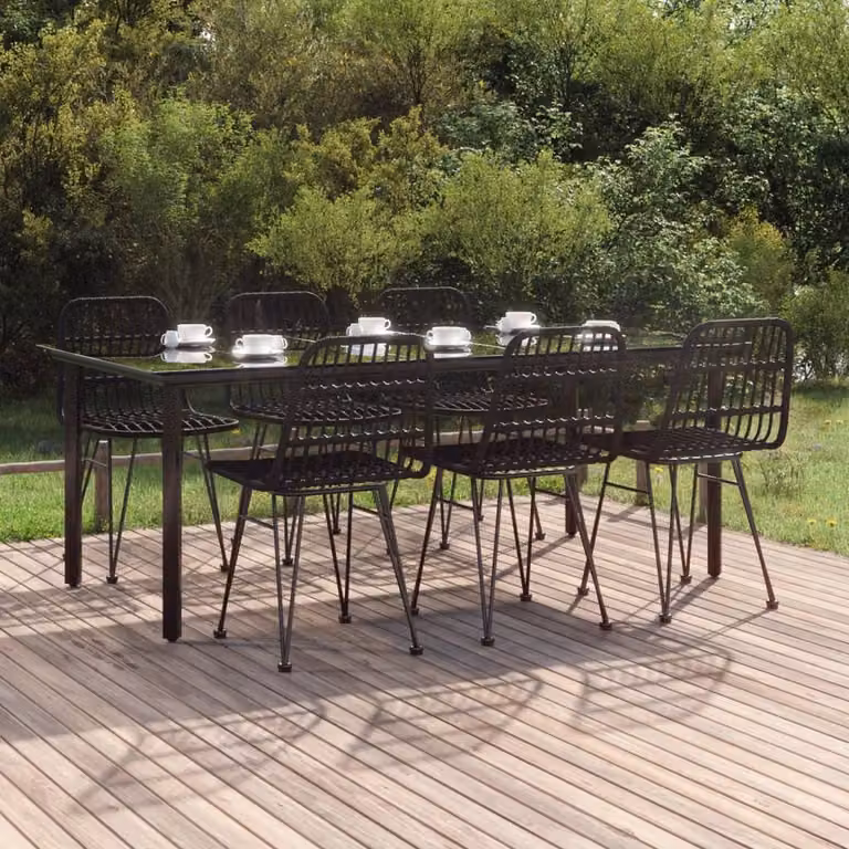 Berkfield Home 7 Piece Black Poly Rattan Garden Dining Set with Glass Top Table
