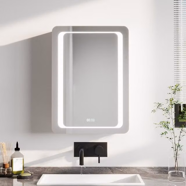Komore Modern White Wall Mounted Bathroom Mirror Cabinet with Integrated LED Lighting and Glass Doors