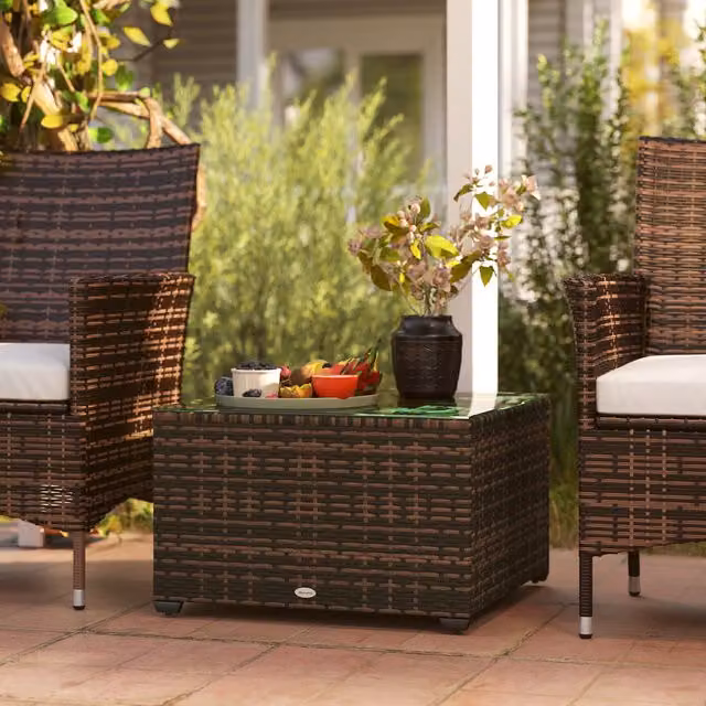 Outsunny Rattan Outdoor Coffee Table with Glass Top, Brown