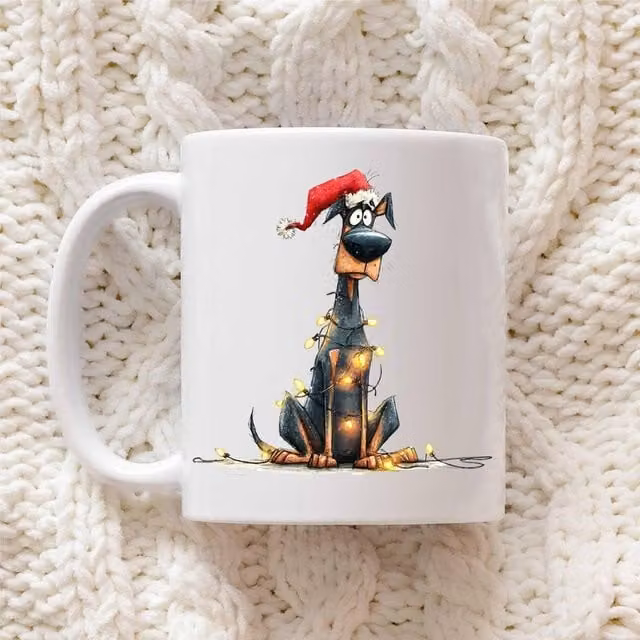 60 Second Makeover Doberman Christmas Lights Ceramic Mug in White