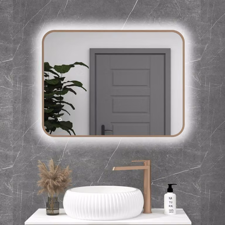Royal Bathrooms Luton Rectangular Backlit LED Framed Illuminated Bathroom Mirror in Brushed Bronze, W: 60 cm, H: 80 cm, with Touch Sensor and Anti-Fog