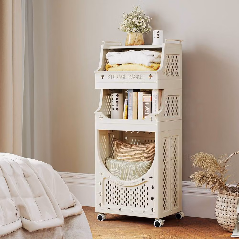 Havendro 4 Tier Folding Laundry Cart with Lockable Wheels in Beige – 2