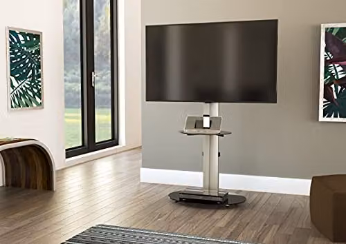 AVF Freestanding Silver Column TV Stand with Universal VESA Bracket and Black Safety Glass Shelving for up to 55 inch Screens – 2