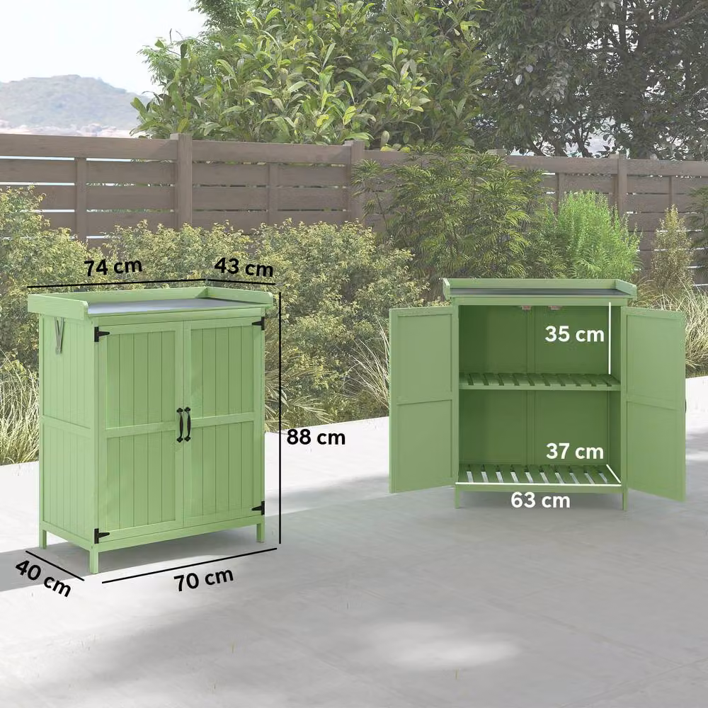 OUTSUNNY Green Wooden Garden Low Cabinet with Double Doors, Shelving and Roof Vent, W/D/H: 70 x 40 x 88 cm – 3