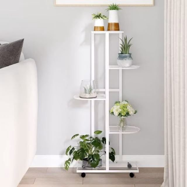 Berkfield Home 5-Tier Metal Flower Stand with Wheels, White, W: 44 cm, D: 23 cm, H: 100 cm
