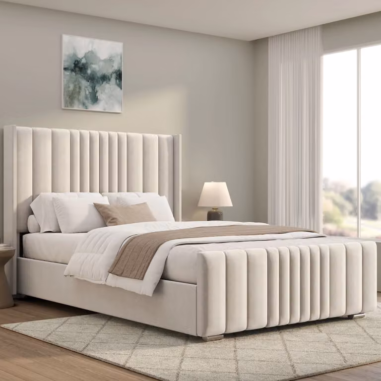 DHS Winged Ottoman Storage Bed Frame with Lines in Beige Velvet Fabric, Double (140 x 200 cm)