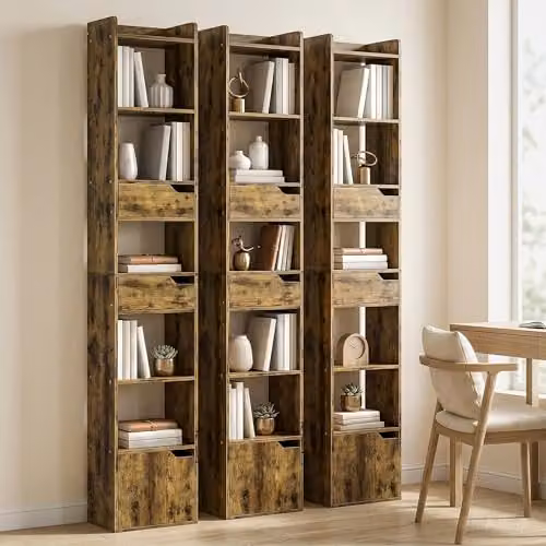 HOMCOM 5-Tier Bookcase with Drawers and Cabinet in Rustic Brown – 6