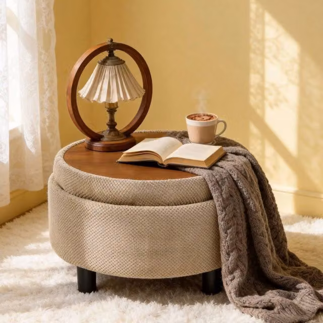 Rolipo Camel Round Storage Ottoman with Removable Tray and Fabric Cover in Brown and Beige – 1