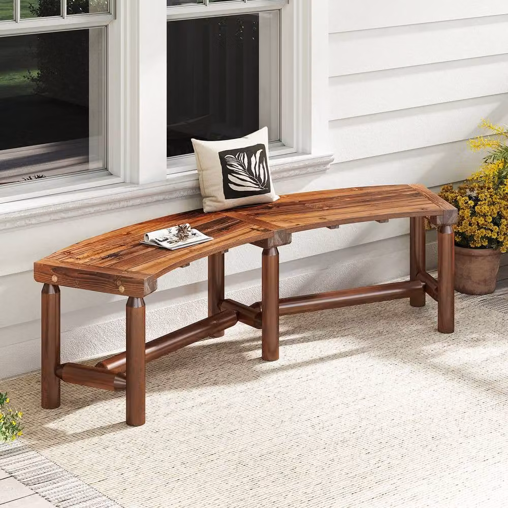 Costway Brown Solid Wood Curved Backless Patio Bench for 2-3 People – 3