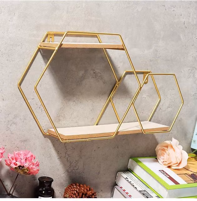 Living and Home Modern 2 Tier Hexagonal Wall Floating Shelf in Gold Metal