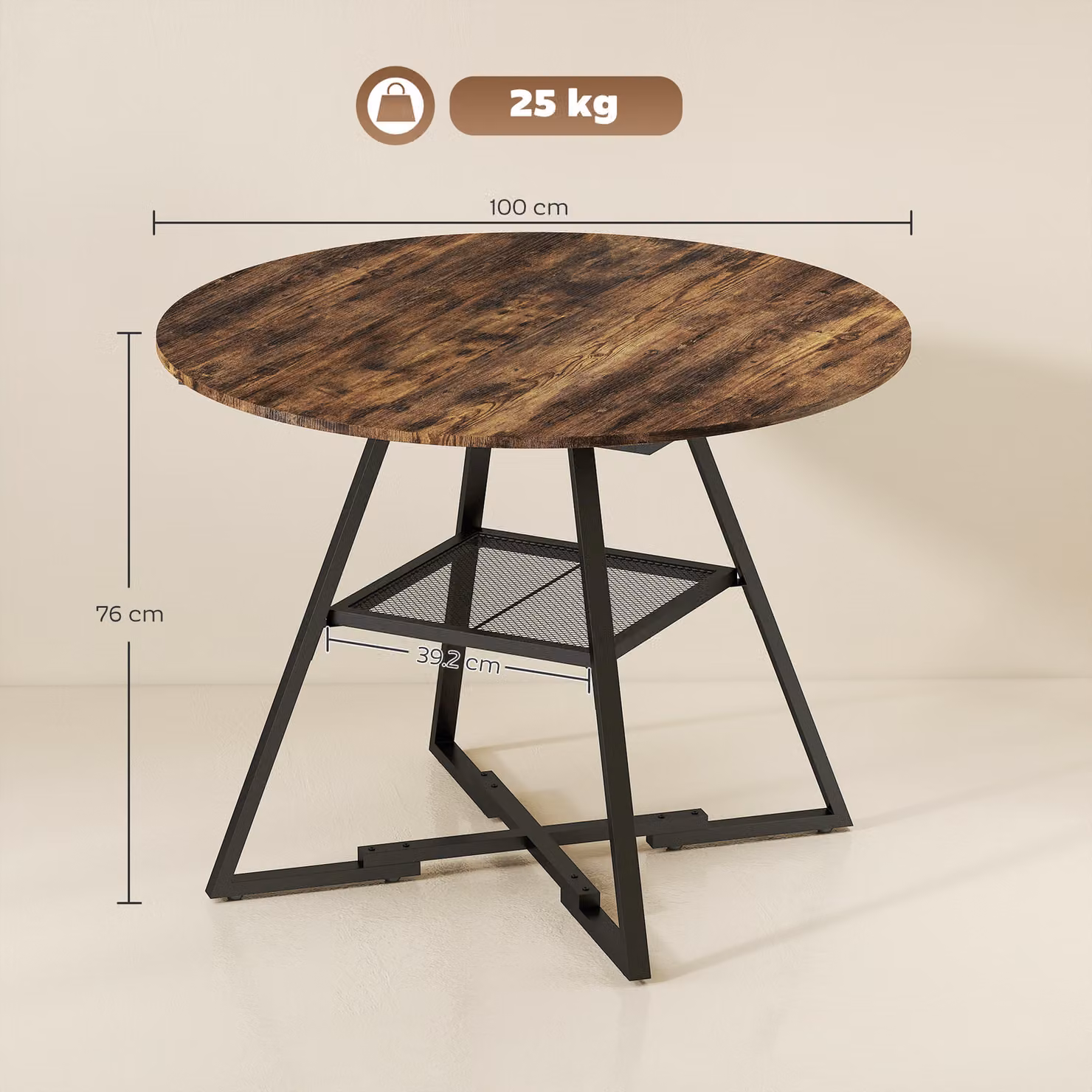 HOMCOM Round Industrial Dining Table for 4 People with Storage Shelf, Rustic Brown and Black – 3