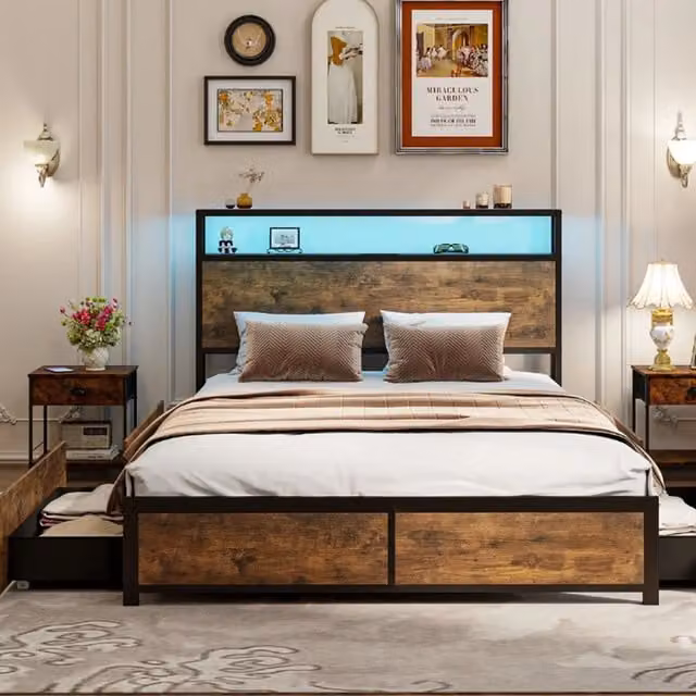 COSTWAY Double Size Bed Frame in Black with LED Headboard, USB Charging Ports and Side Compartments, W/D/H: 140 x 200 cm