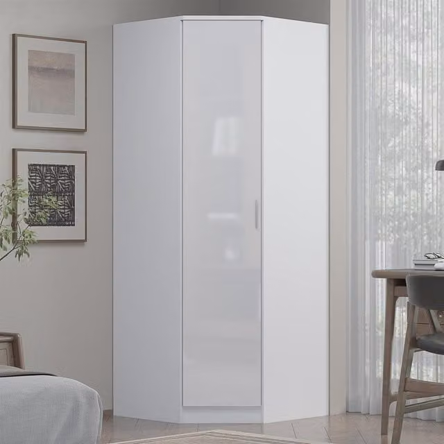 REFLECT 1 Door Corner Wardrobe in White High Gloss and Matt Finish, H 180 cm x W 74.4 cm x D 74.4 cm