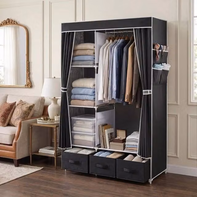 EONLION Black Portable Wardrobe Closet with Hanging Rod and Hinged Doors, Width: 100 cm