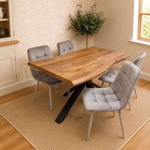 Kosy Koala 4 Seater Dining Set with Rustic Brown Wood Effect Table and 4 Grey Velvet Chairs, W/D/H: 140 x 80 x 75 cm