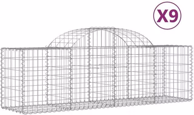 Berkfield Home Arched Gabion Baskets, 9 Piece Set, Silver Galvanised Steel, W: 200 cm, D: 50 cm, H: 60-80 cm – 1