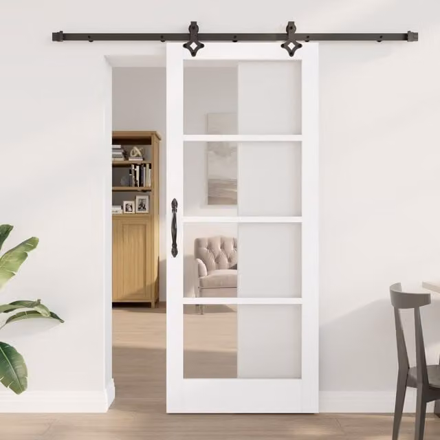 Berkfield Home Orkdal Modern Sliding Door with Hardware Set in White Lacquered Solid Wood and Glass, H: 202.0 cm, W: 83.0 cm