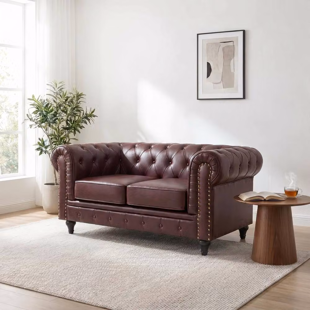 Bravich LTD Chesterfield Scroll Arm Faux Leather Settee in Brown, 2 Pack – 2