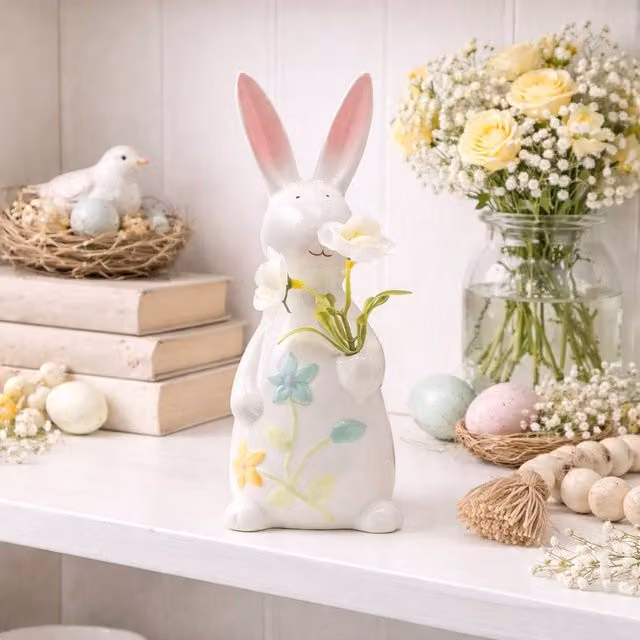 Eggstraordinary Gift Co. Ceramic Bunny Holding Flowers Tabletop Decoration, Multicolour and White, Height: 19 cm
