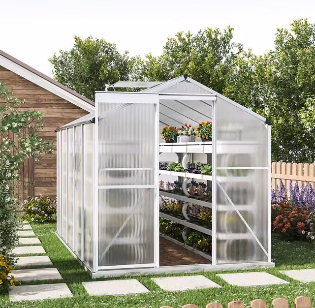 Livingandhome White Aluminium Garden Greenhouse with Polycarbonate Panels, W/D/H: 313 x 200 x 190 cm