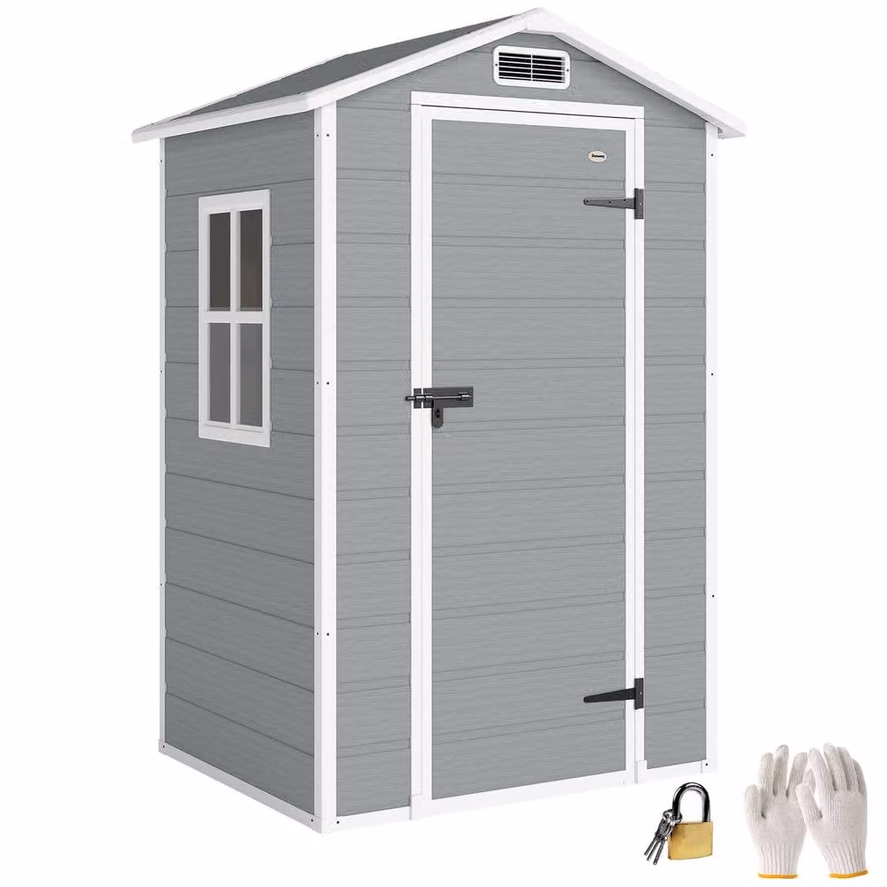 OUTSUNNY Plastic Garden Storage Shed with Window and Vent, Light Grey, W/D/H: 121.92 x 91.44 x 196 cm – 2