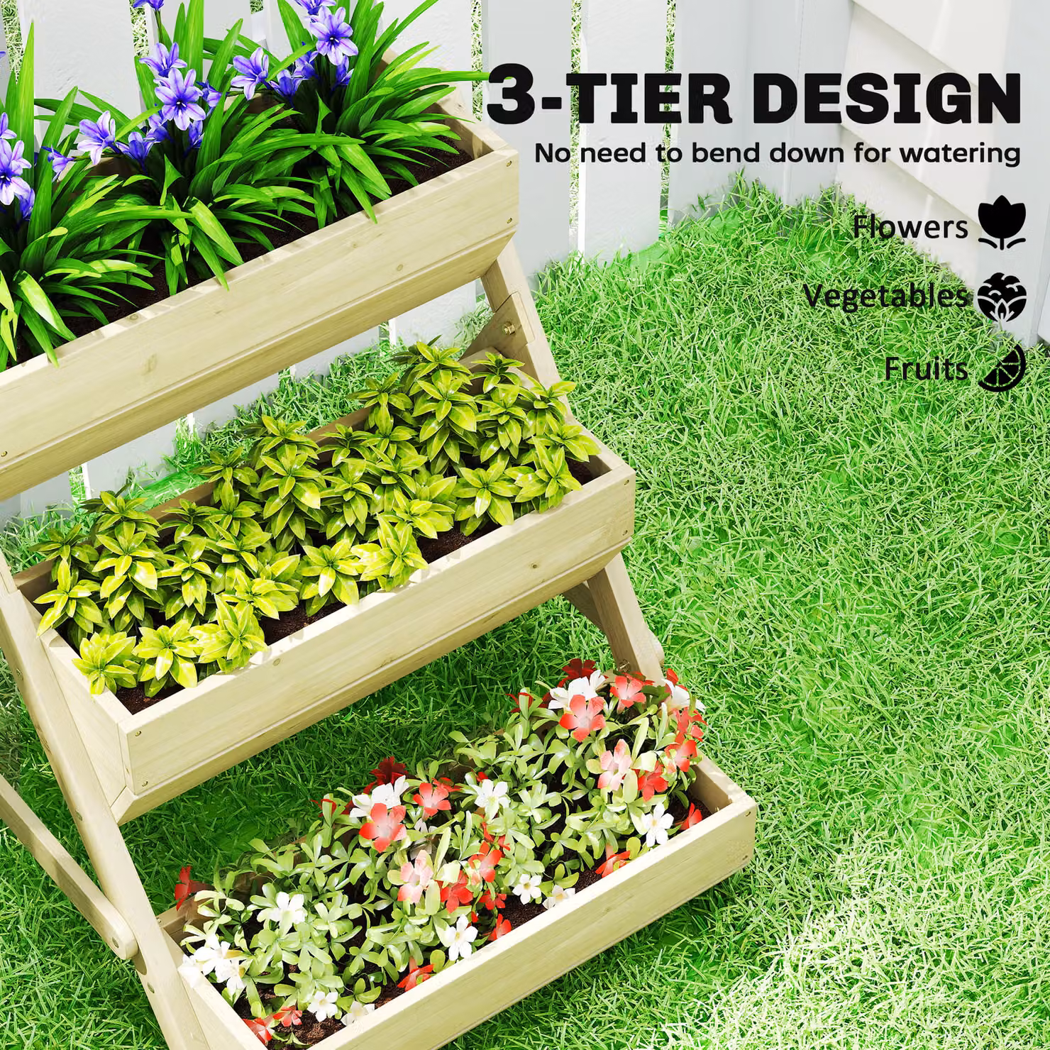 Outsunny 3-Tier Wooden Raised Garden Bed in Green, W/D/H: 120 x 68 x 80 cm – 3