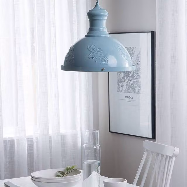 Wyld and Coco Cobalt Blue Round Metal Pendant Lamp with Raised Flower Detail – 1