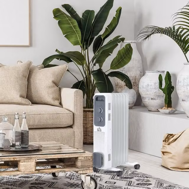 HOMCOM Portable White Oil Filled Electric Radiator with Thermostat and Safety Protection