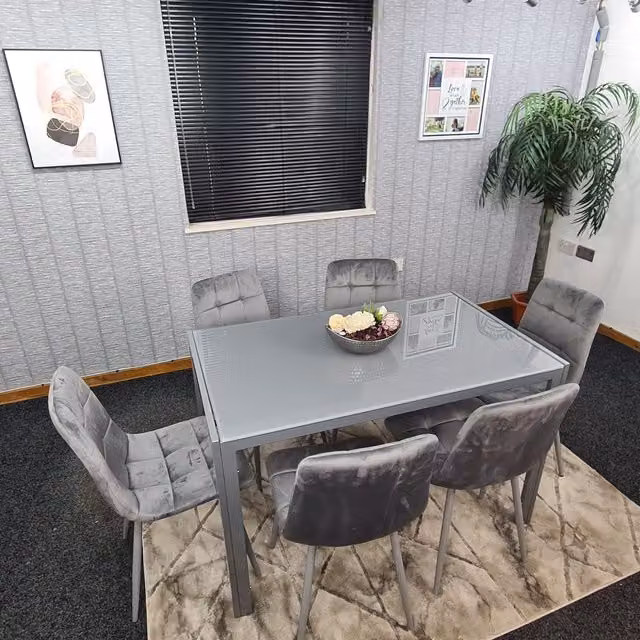 Kosy Koala Modern Rectangular Glass Dining Table and 6 Grey Velvet Chairs Dining Set