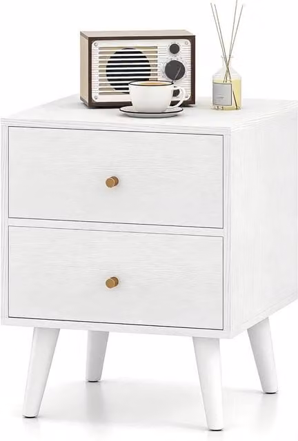Nordara Modern White and Gold Wooden Bedside Table with Glass Details, H: 49.0 cm, W: 39.0 cm, D: 39.0 cm